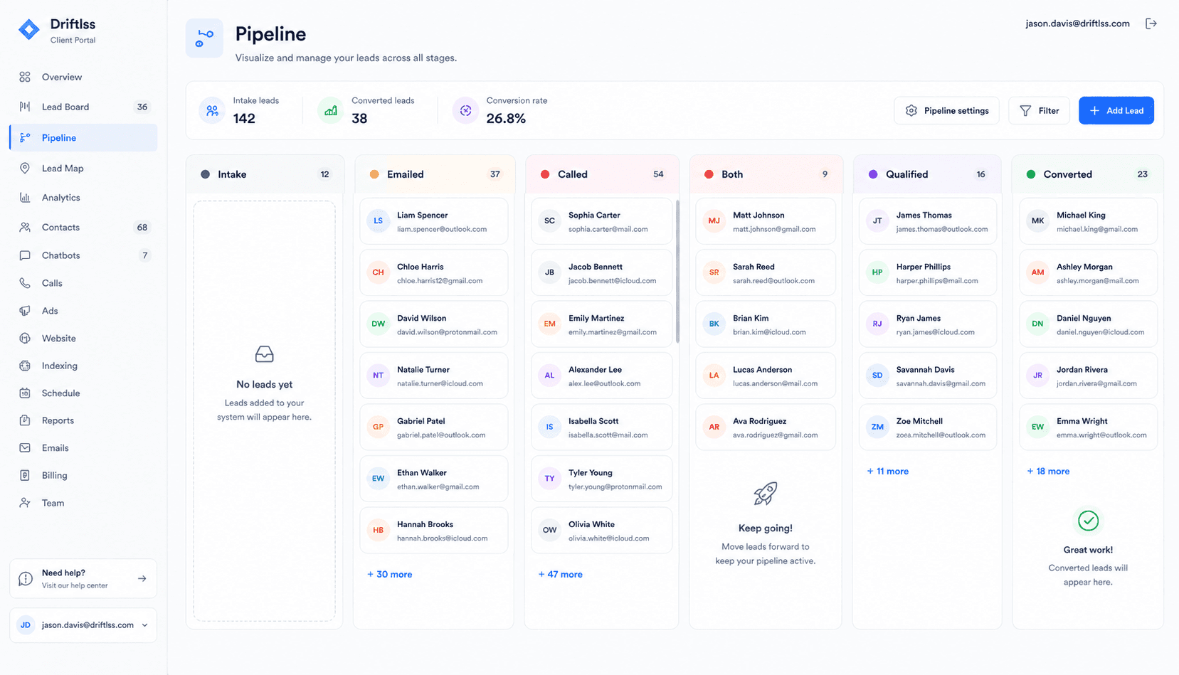 Driftless AI custom CRM portal lead pipeline view for pediatric therapy practices, tracking parent inquiries, intake stages, insurance verification, and conversions across ABA, occupational, and speech therapy clinics