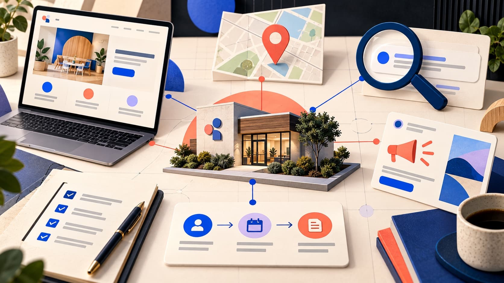 Illustration of a clinic website, local search, ads, and intake working together