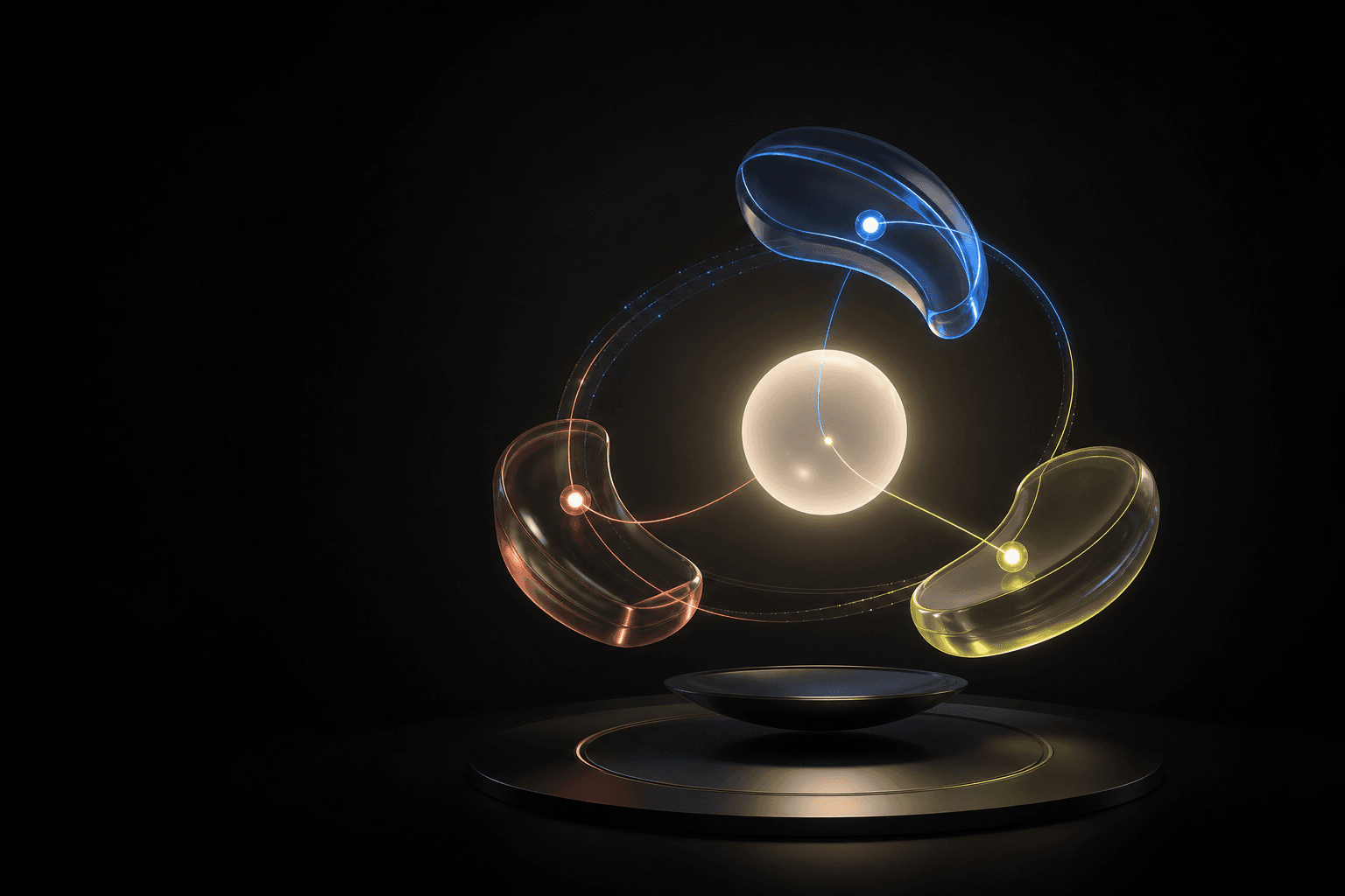 Editorial illustration of three connected forms orbiting a conversational AI core
