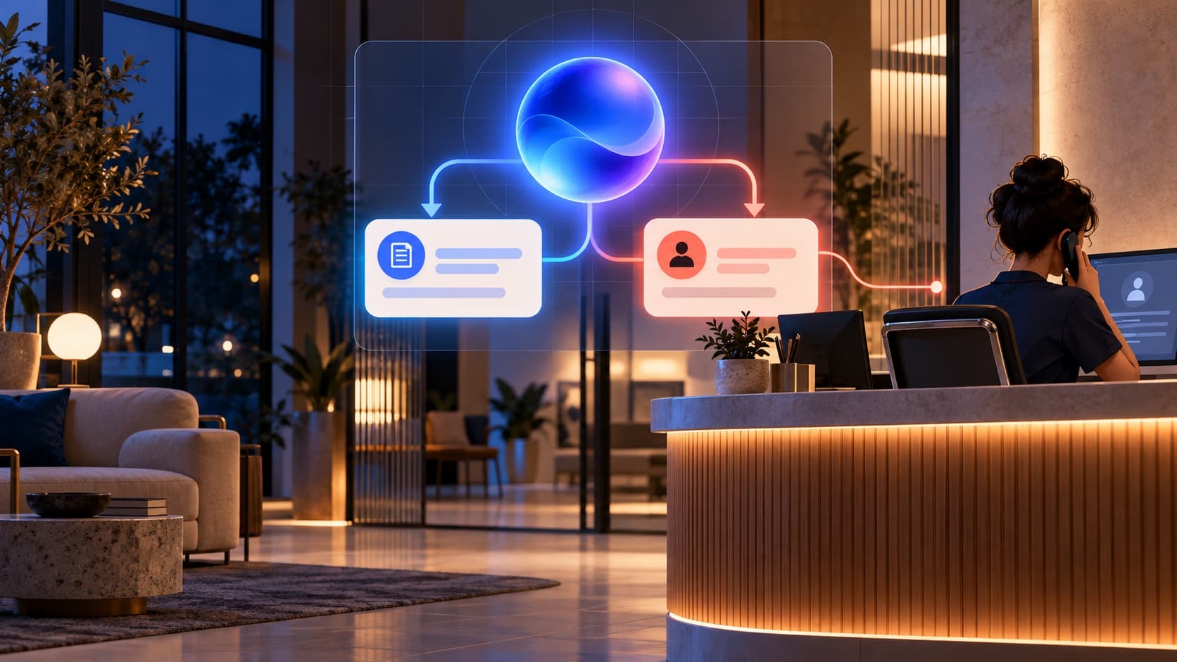 Illustration of an AI intake assistant routing questions and handing inquiries to staff