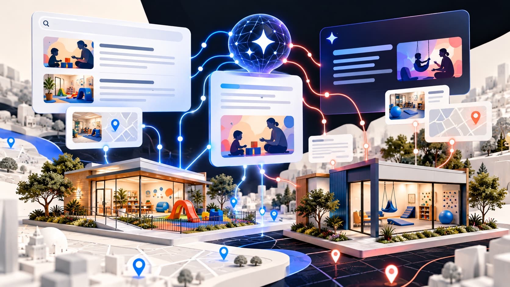Illustration of two therapy businesses connected to AI search answers and citation paths