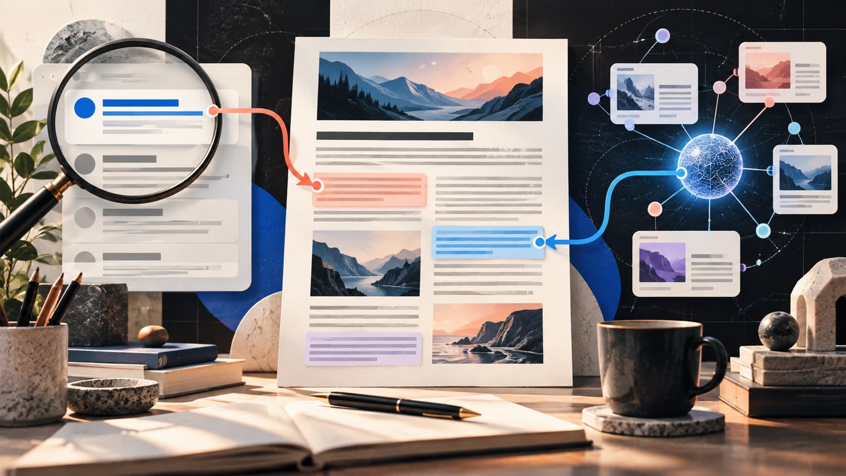 Illustration of an article connecting traditional search results and AI citations