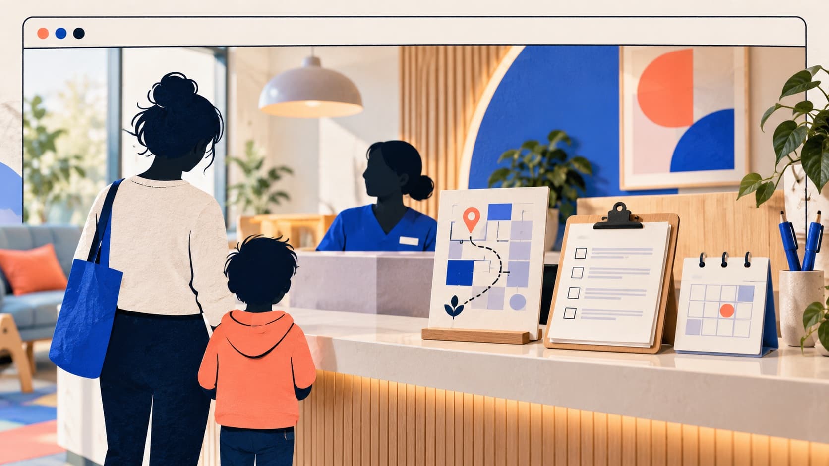 Illustration of a family arriving at a therapy practice with a map, paperwork, and appointment details
