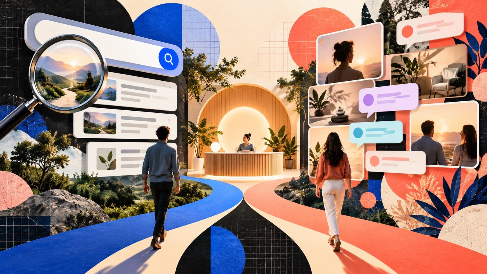 Illustration of search ads and social ads taking different paths to a practice inquiry