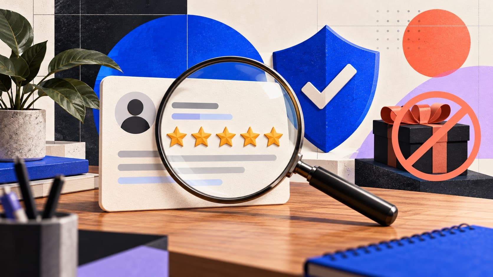 Illustration of an authentic customer review being checked against an incentive policy