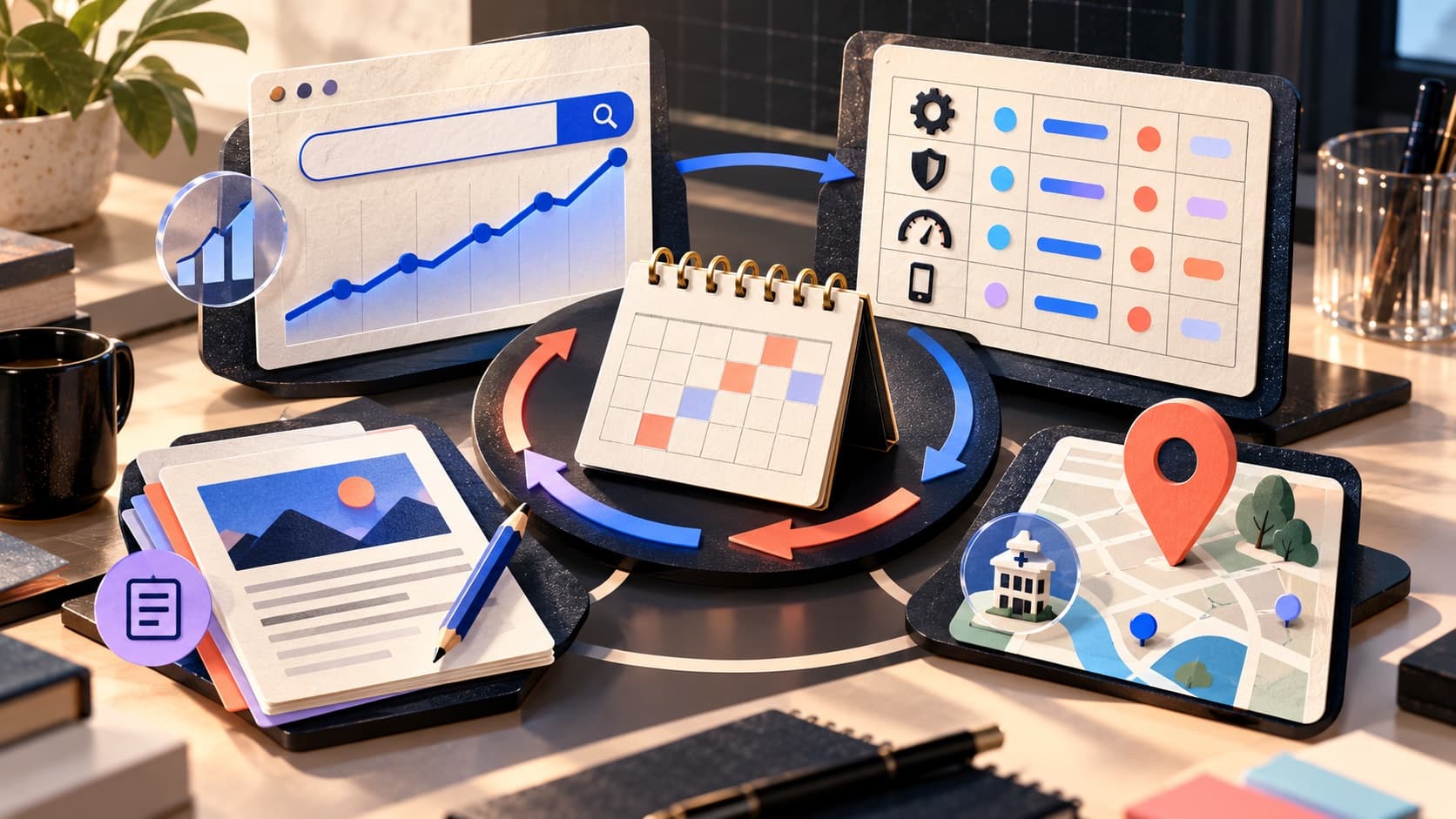 Illustration of ongoing search, content, technical, and local SEO work around a monthly calendar