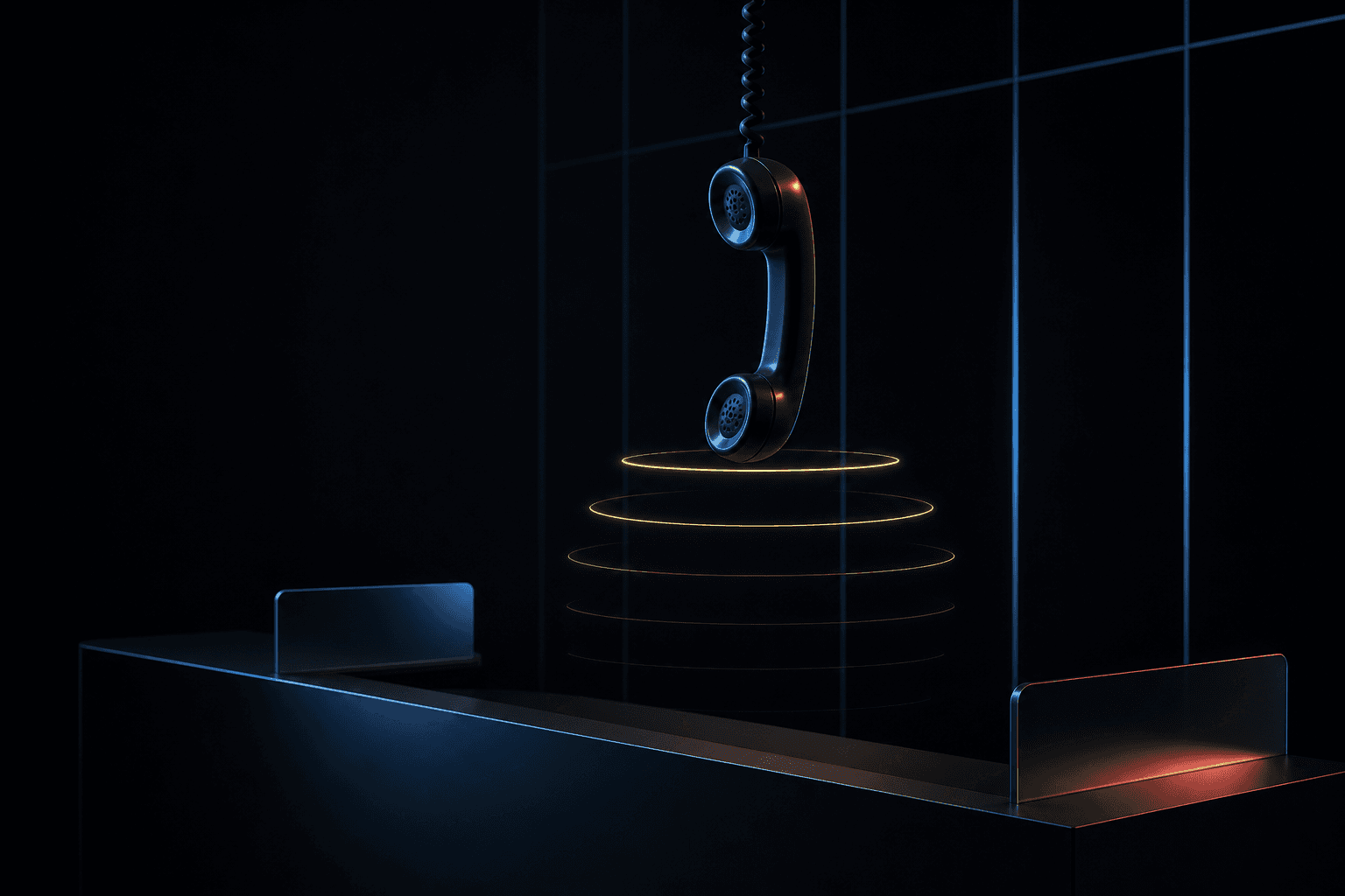 Editorial illustration of a suspended telephone receiver and glowing signal rings