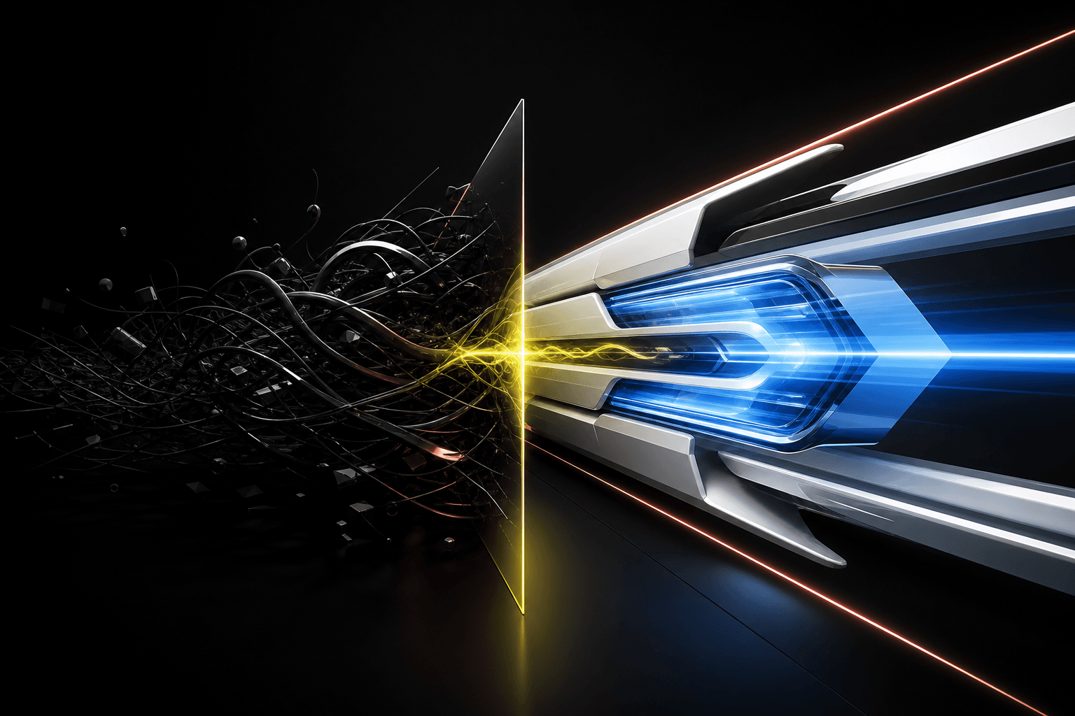 Editorial illustration contrasting tangled legacy cables with a streamlined modern web engine
