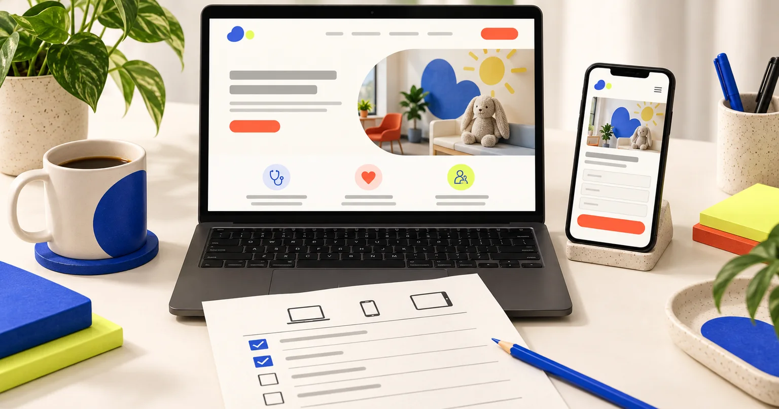 Illustration of a pediatric clinic website on a laptop and phone beside a website audit checklist