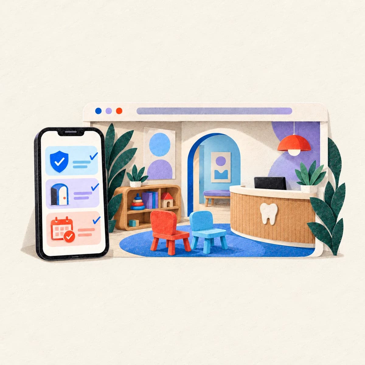 Paper collage of a pediatric dental website and a phone showing insurance, first-visit and booking details