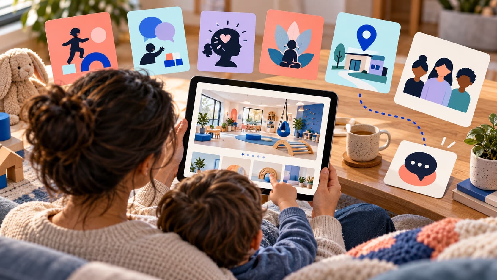Illustration of a family exploring a pediatric therapy practice website on a tablet
