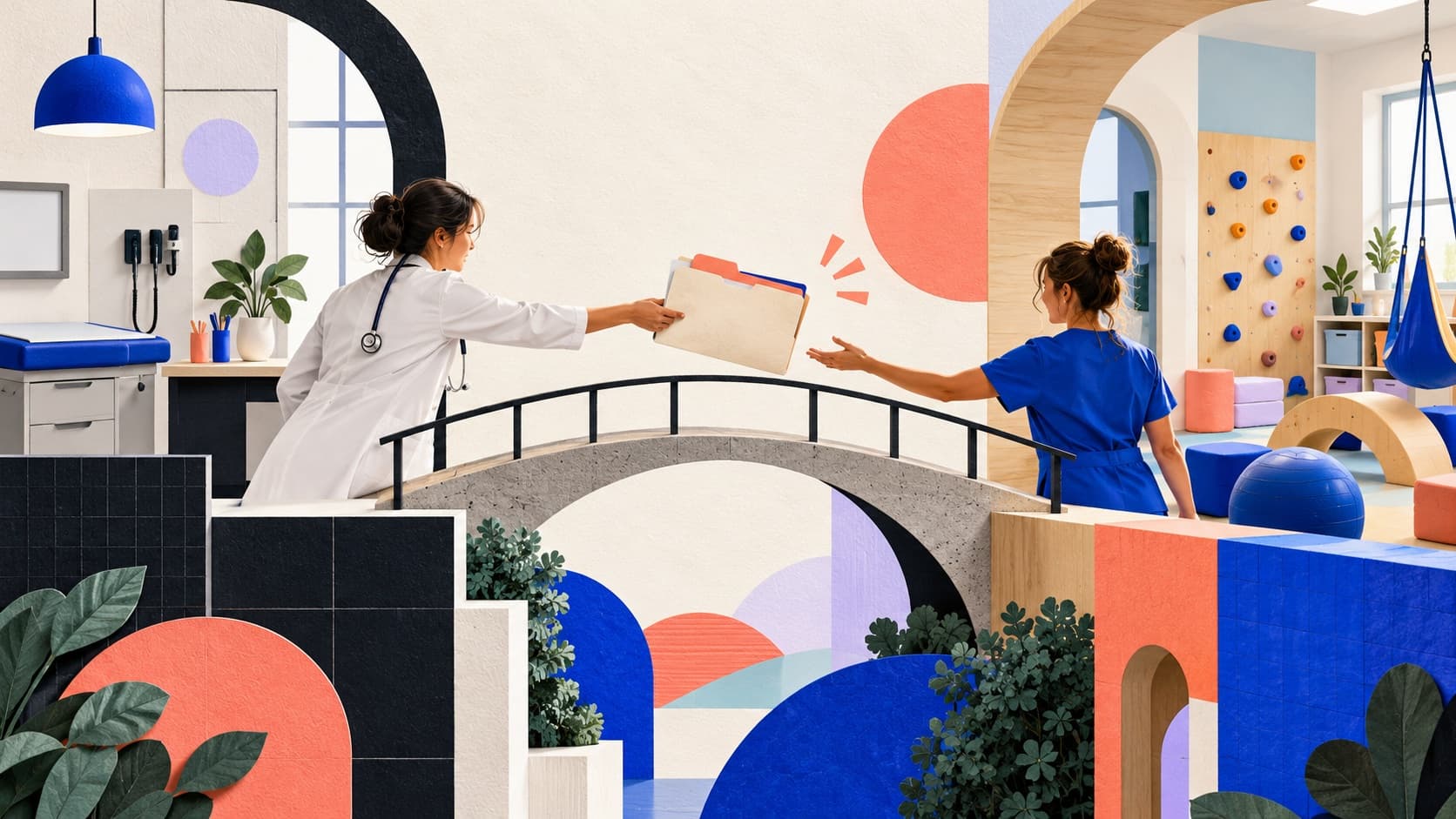Illustration of a pediatrician handing a referral to a therapy practice