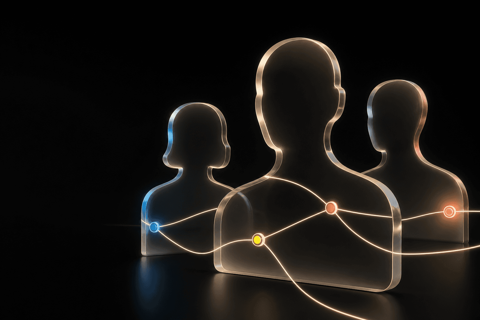 Editorial illustration of three connected people representing a team online