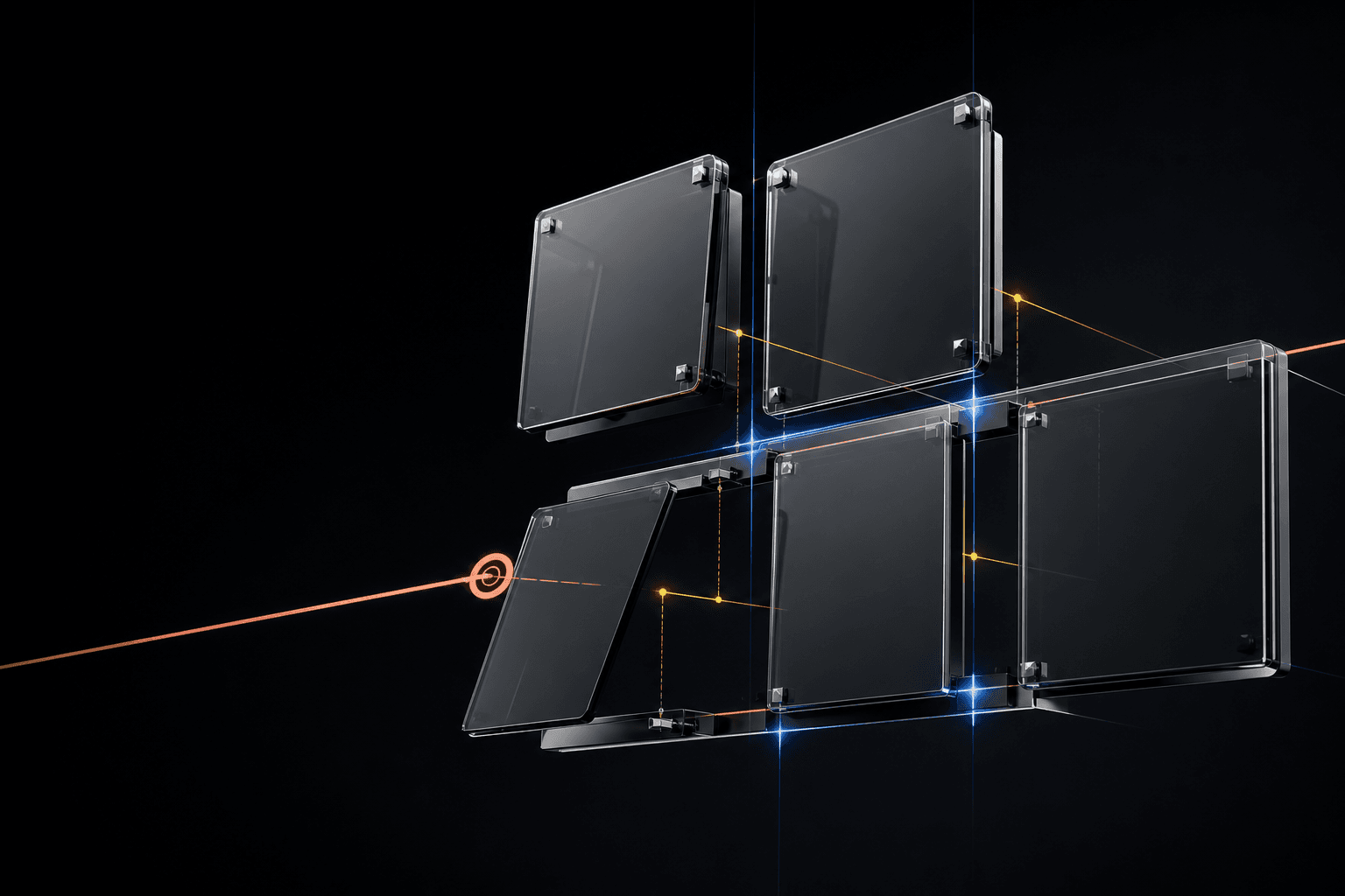 Editorial illustration of five floating website interface panels and alignment lines