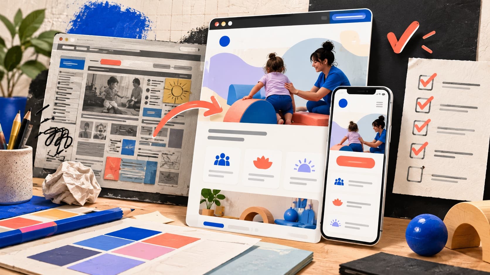 Illustration of a cluttered website being redesigned for desktop and mobile