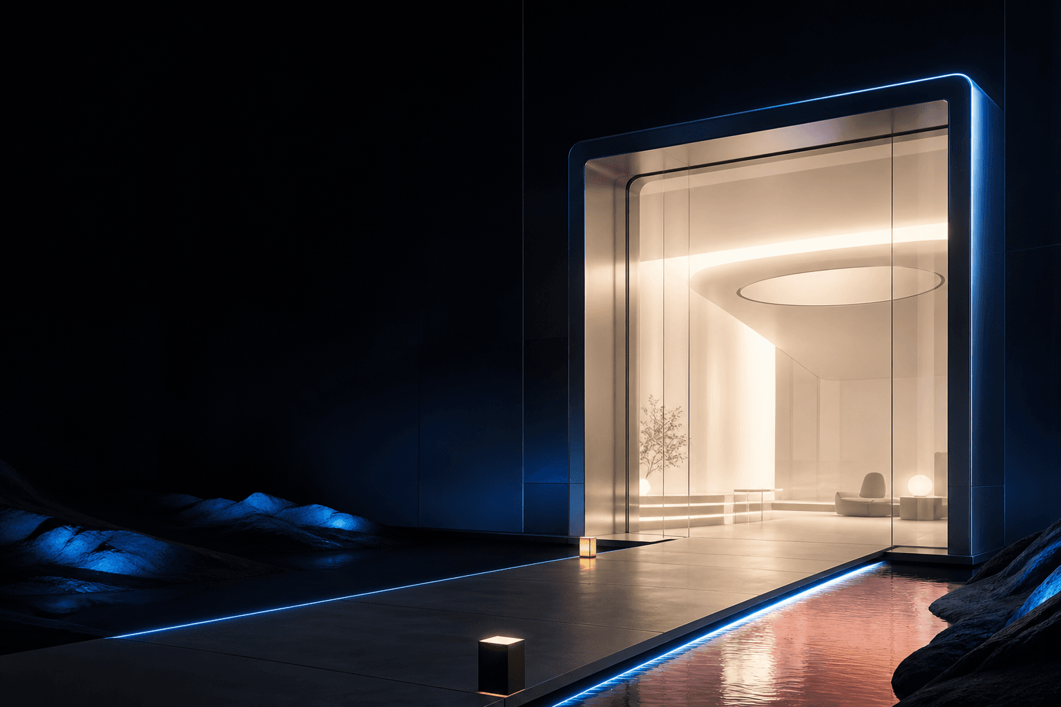 Editorial illustration of a luminous architectural portal representing website trust