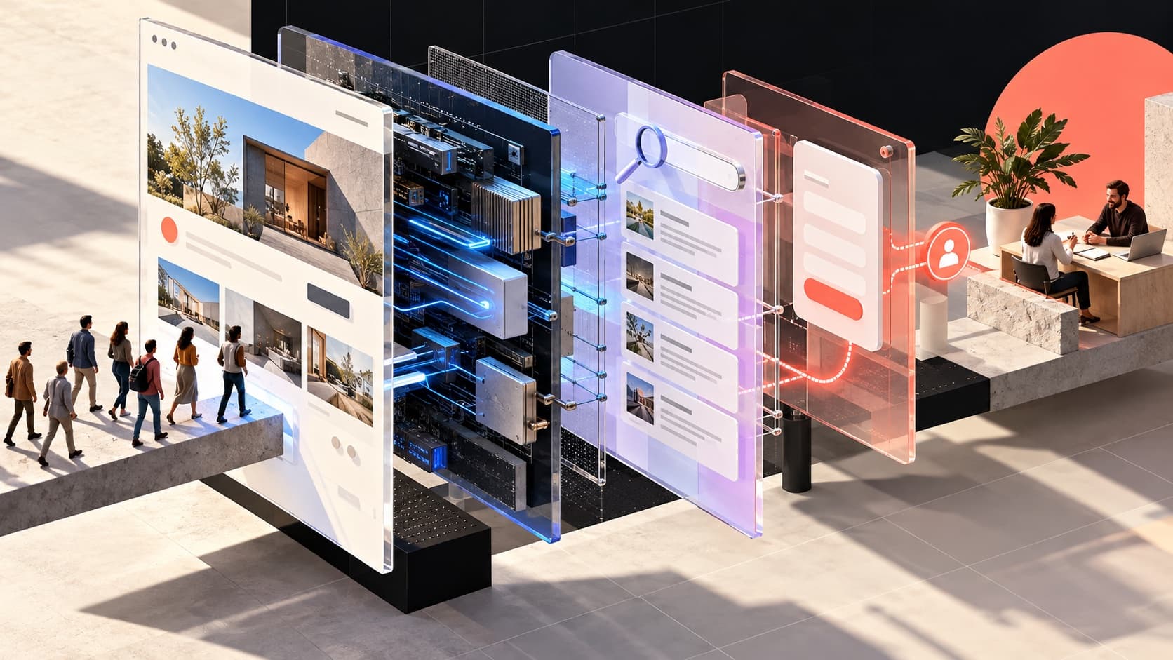 Illustration of a website built in layers for performance, discovery, and inquiries
