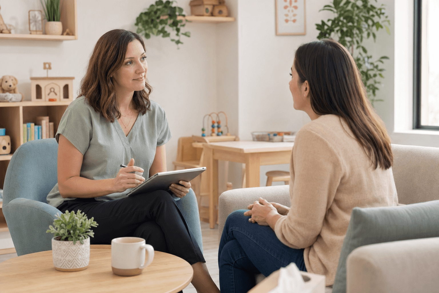 Speech therapist talking with a parent in a bright consultation area.