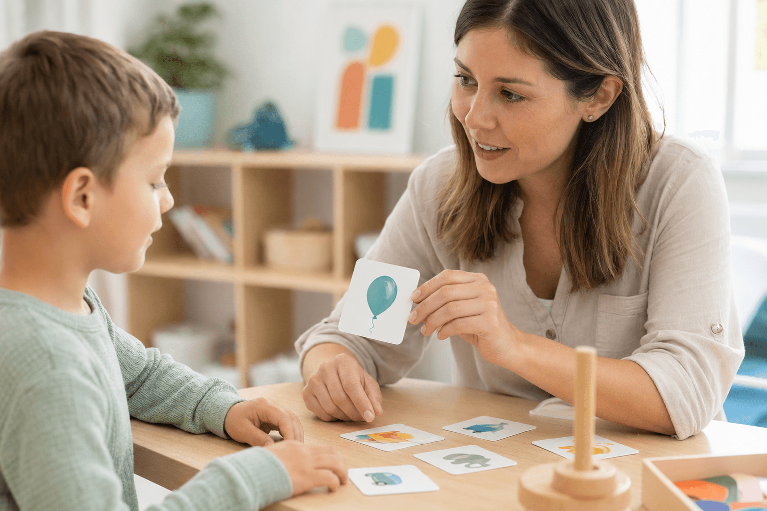 Speech therapist using picture cards during a play-based language activity with a child.