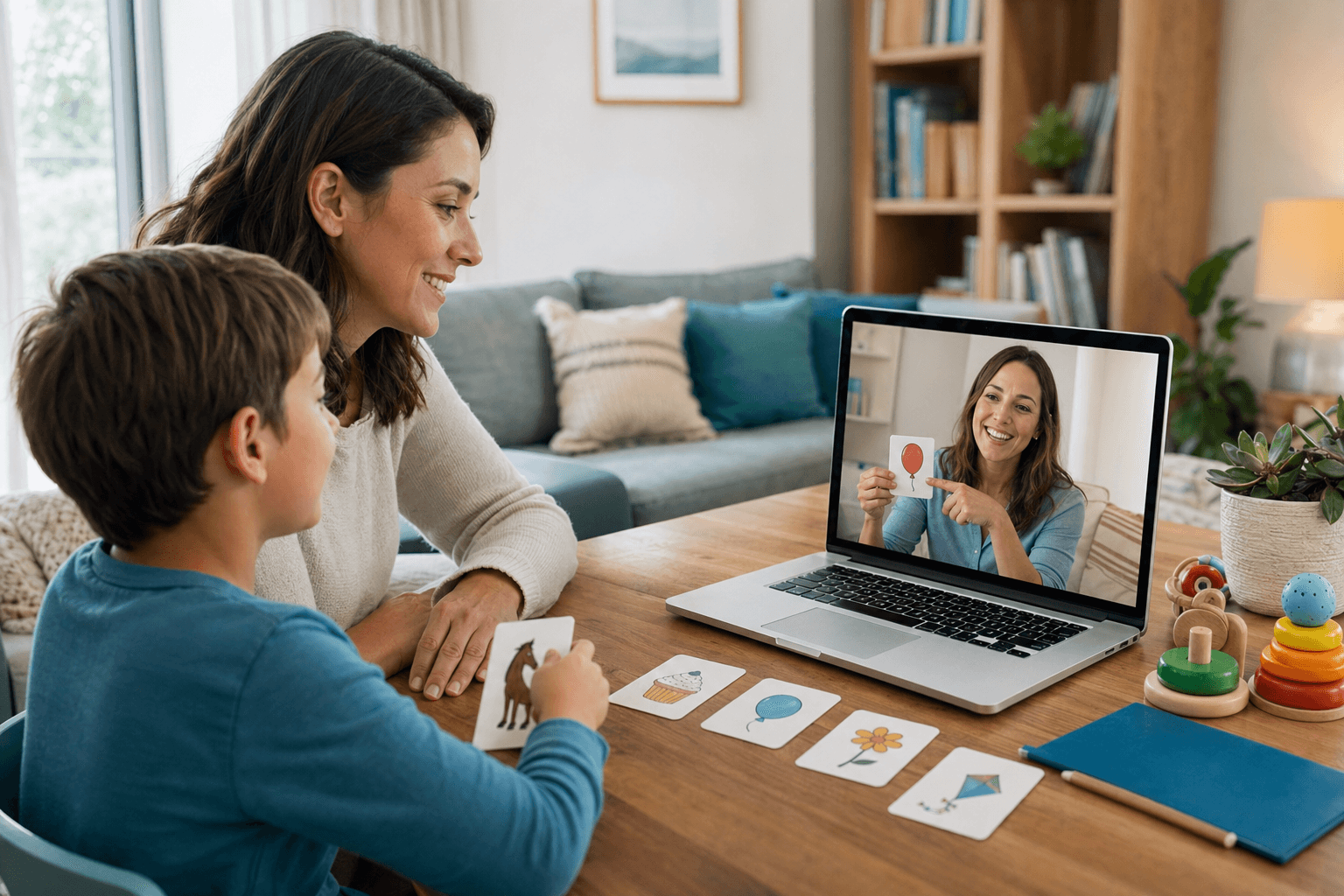Parent and child joining a virtual speech therapy session from home on a laptop.