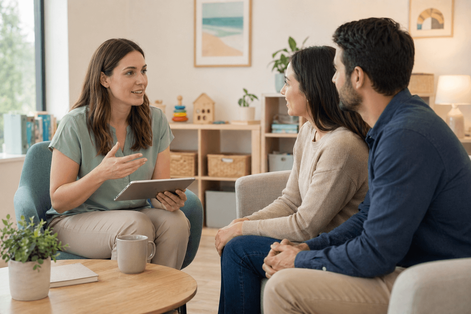 ABA therapist meeting with parents to discuss applied behavior analysis treatment goals, parent training, and next steps following an autism diagnosis at a pediatric ABA clinic