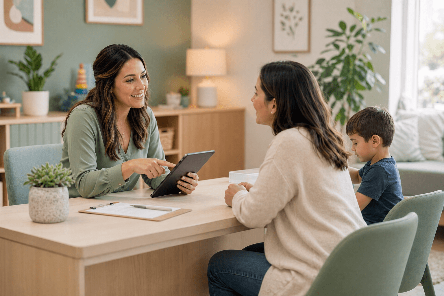 ABA clinic care coordinator helping a parent through intake paperwork and insurance verification at the front desk of a pediatric autism therapy practice