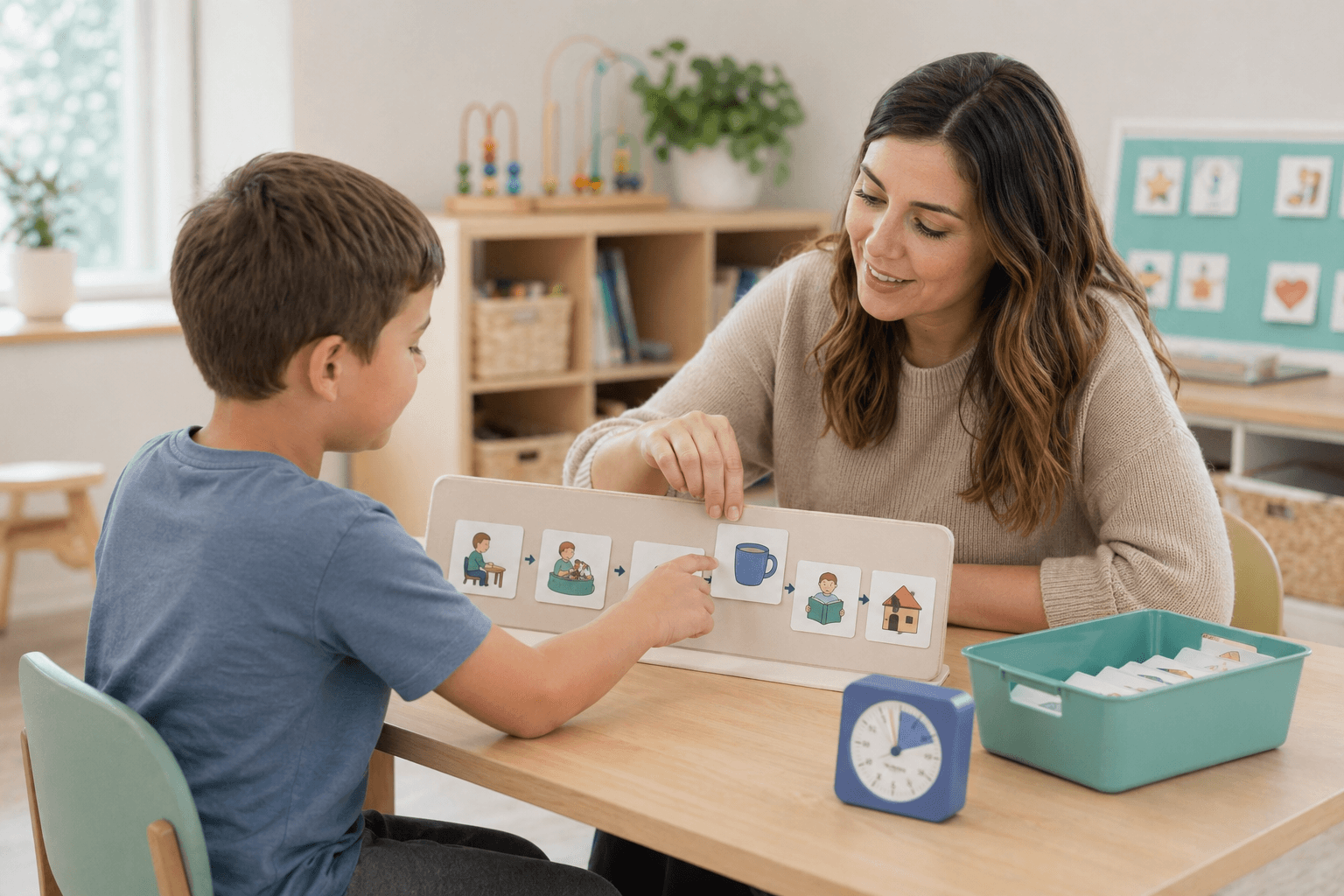 ABA therapist guiding a child through a visual routine schedule activity, illustrating evidence-based applied behavior analysis interventions used at autism therapy clinics for skill acquisition