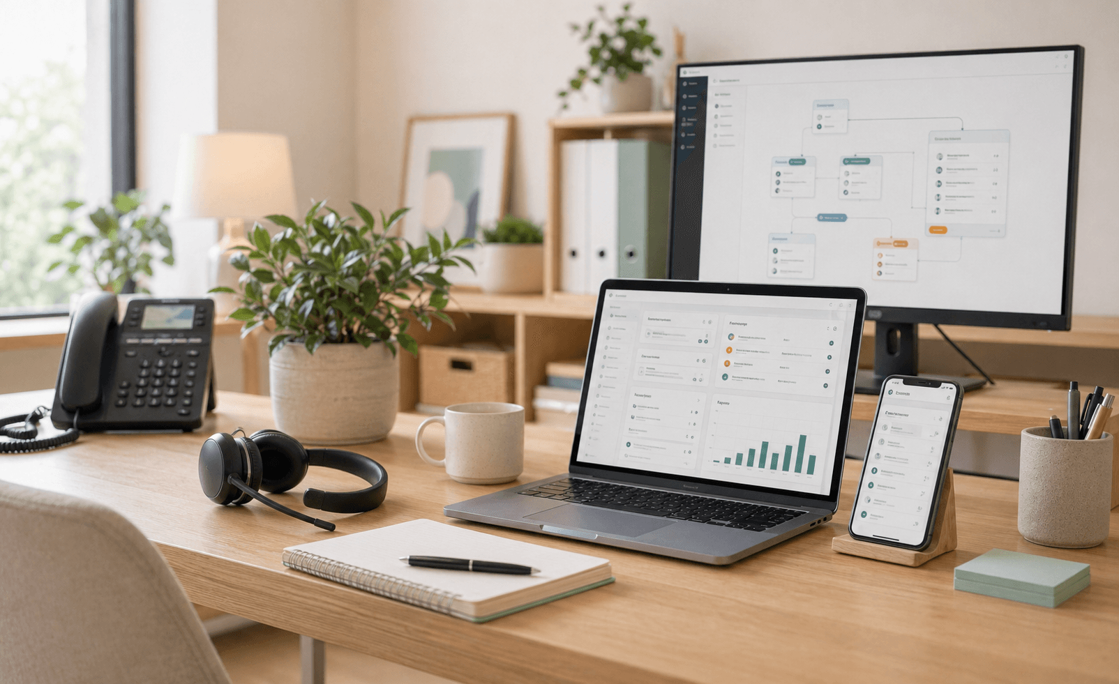 Therapy practice front desk operations workstation with a phone headset and workflow automation dashboard, showing how an AI phone agent and SMS reminders support intake teams at ABA, OT, and speech clinics