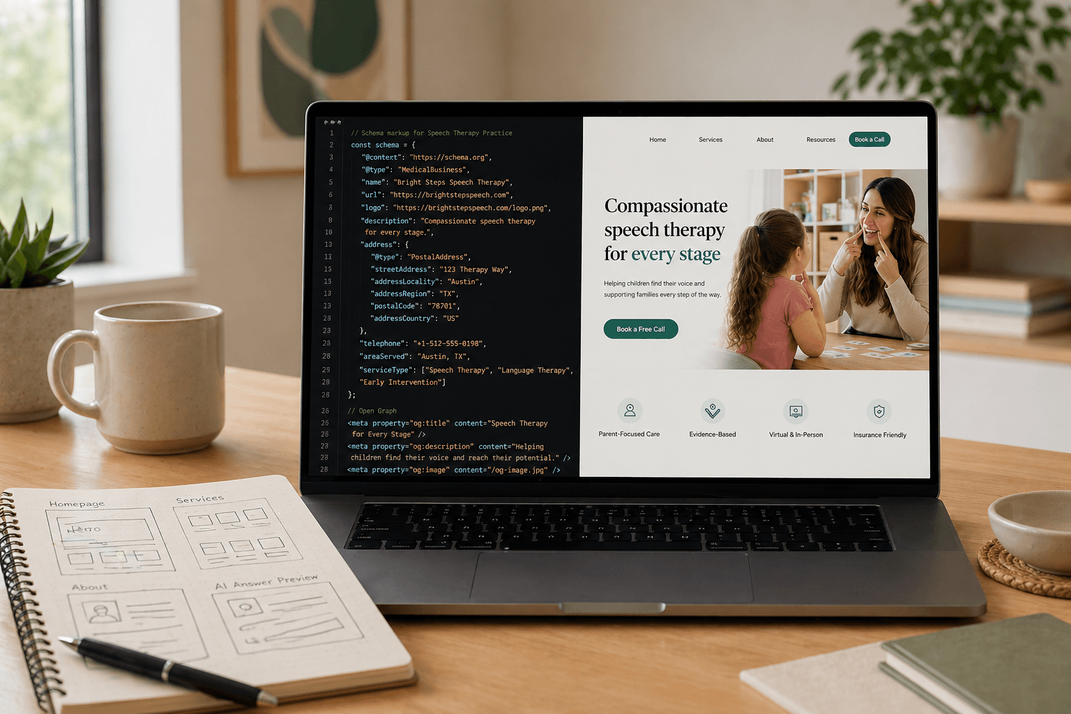 Driftless AI developer hand-coding a custom therapy practice website on the Next.js and TypeScript stack used to build ABA, occupational, speech, and pediatric therapy clinic sites with HIPAA-friendly intake forms and mobile-first SEO