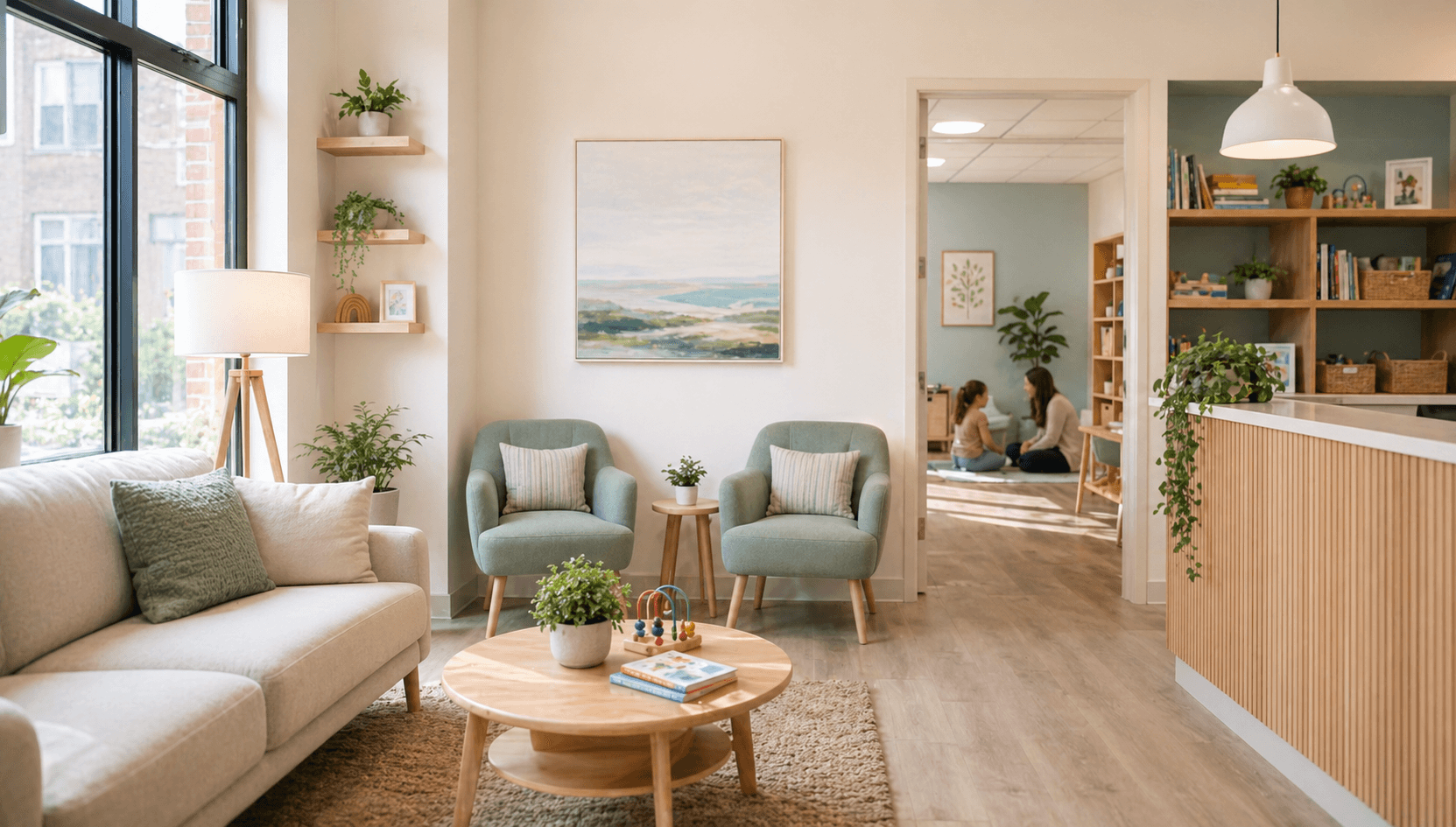 Bright, thoughtfully designed pediatric therapy clinic waiting area with sensory-friendly seating and natural light, the kind of welcoming space that builds trust for ABA, occupational, and speech therapy families