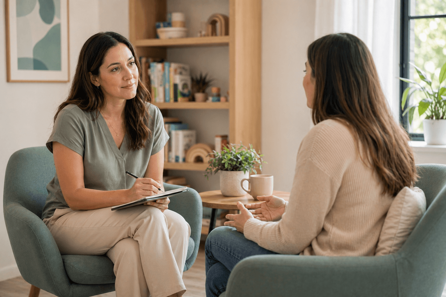 Pediatric therapist meeting with a parent for an intake consultation in a bright clinic lounge, supporting the family-centered intake experience expected at modern ABA, OT, and speech therapy practices