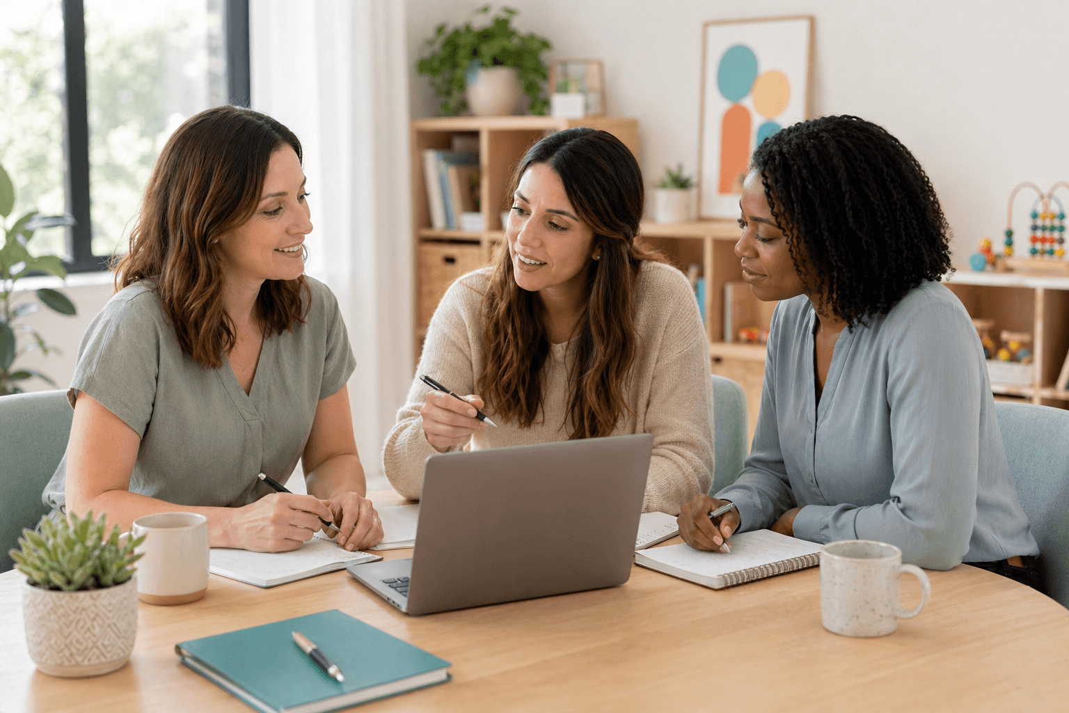 Pediatric therapy team of BCBAs, occupational therapists, and speech-language pathologists collaborating in a bright clinic workspace, illustrating coordinated multidisciplinary care for children with autism and developmental needs
