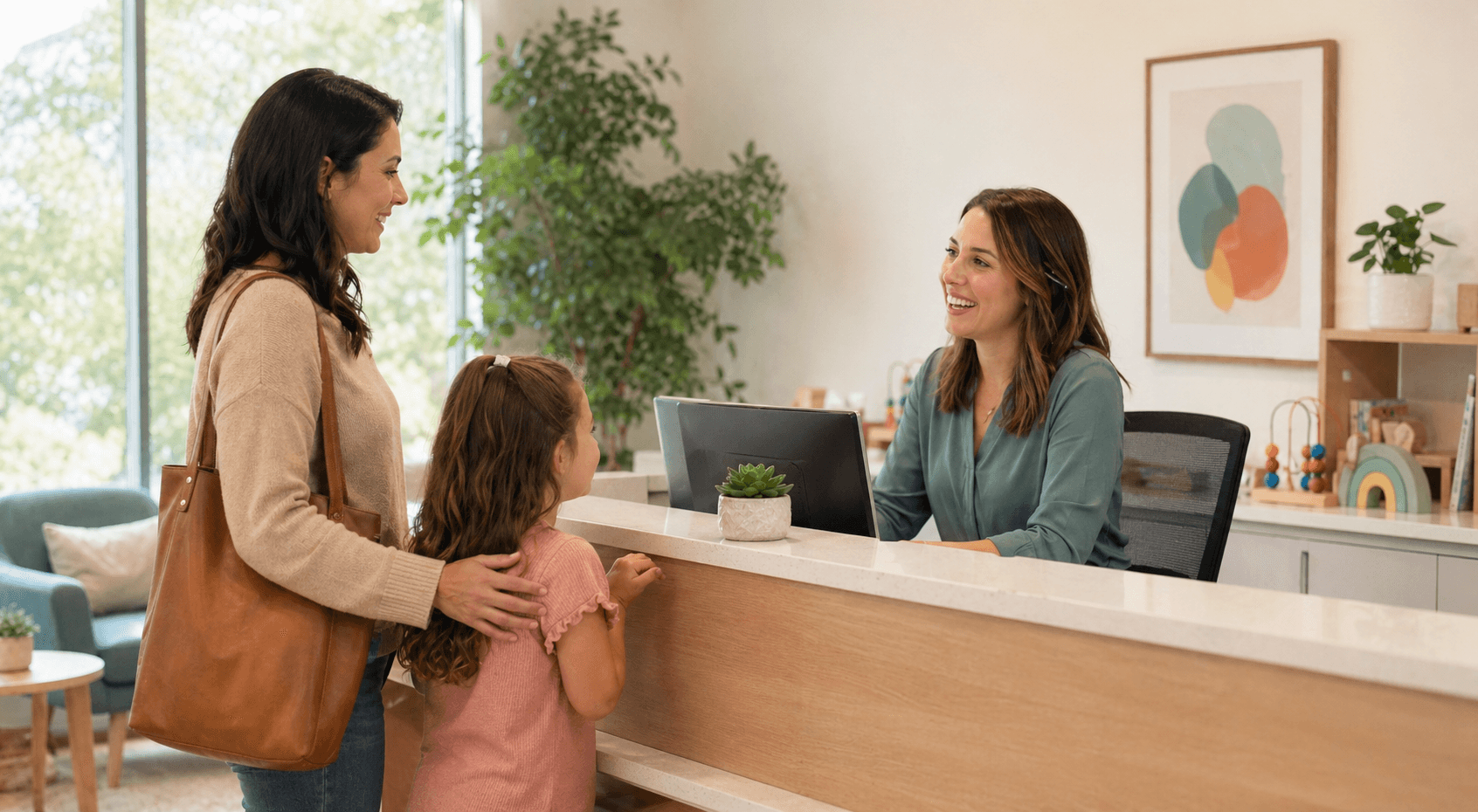 Welcoming pediatric therapy clinic reception area with a care coordinator greeting a family, showing the warm first impression that ABA, occupational, and speech therapy practices want their website to communicate