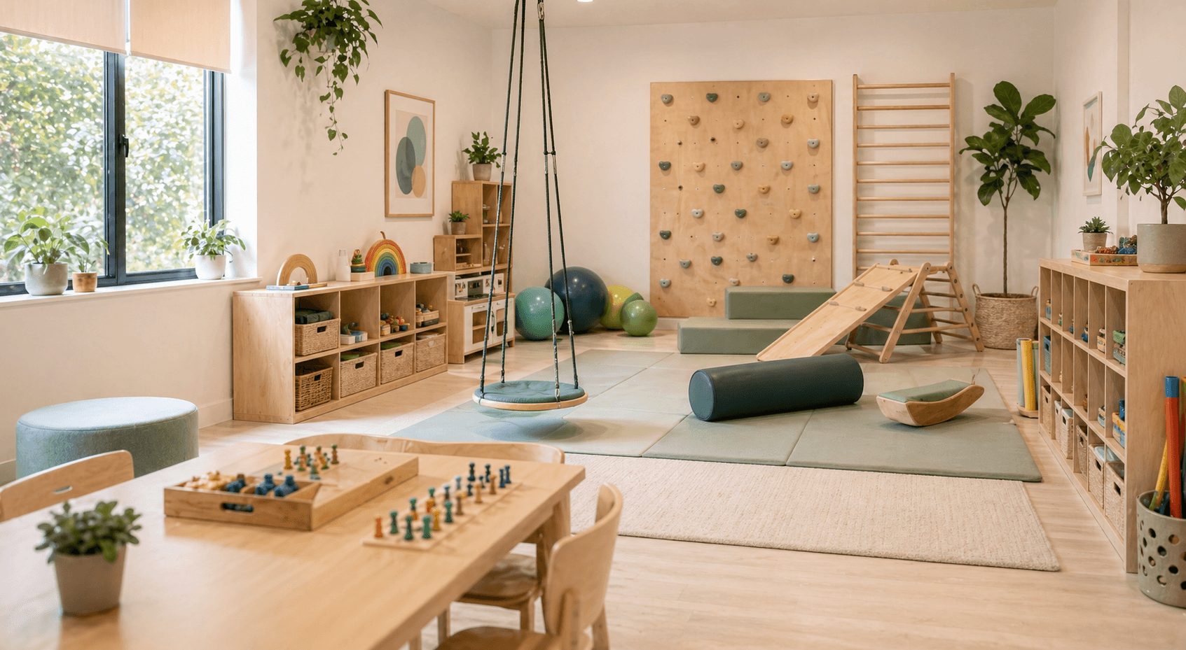 Beautifully designed pediatric occupational therapy treatment room featuring sensory integration equipment, fine motor stations, and OT tools for children with autism and developmental delays