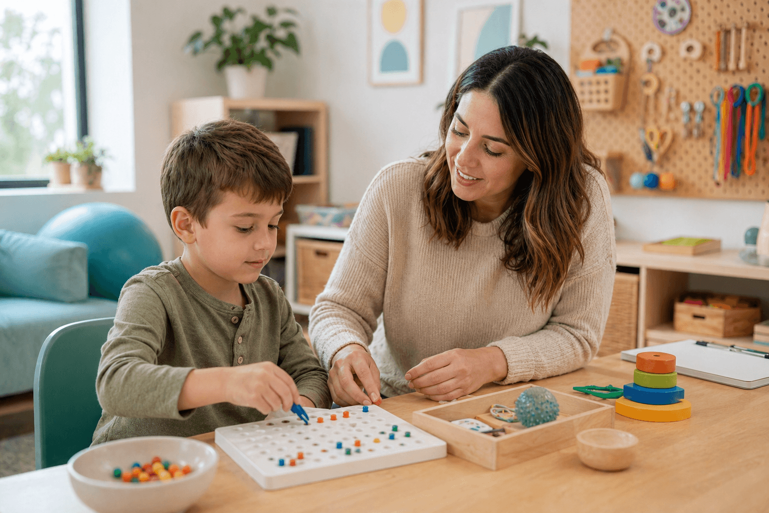 Pediatric occupational therapist working on fine motor skills with a child at a therapy table, supporting handwriting, scissor use, and self-care goals at a pediatric OT clinic