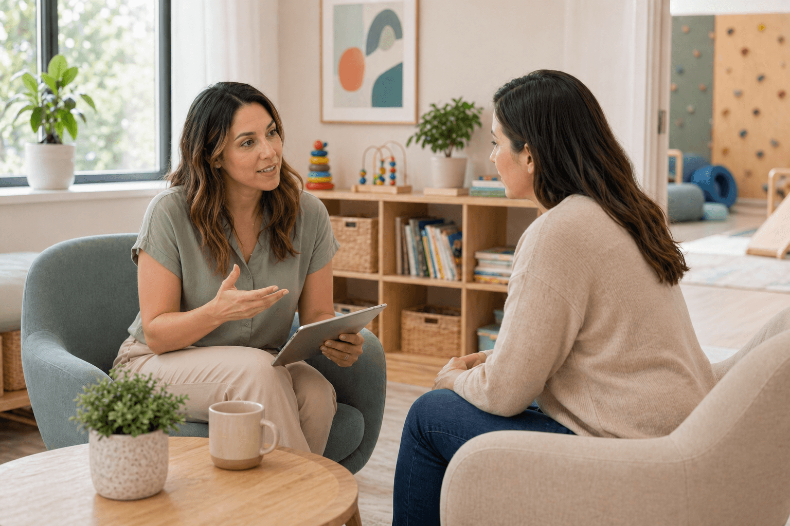 Pediatric occupational therapist consulting with a parent about home programming, sensory strategies, and OT progress in a welcoming pediatric therapy clinic space