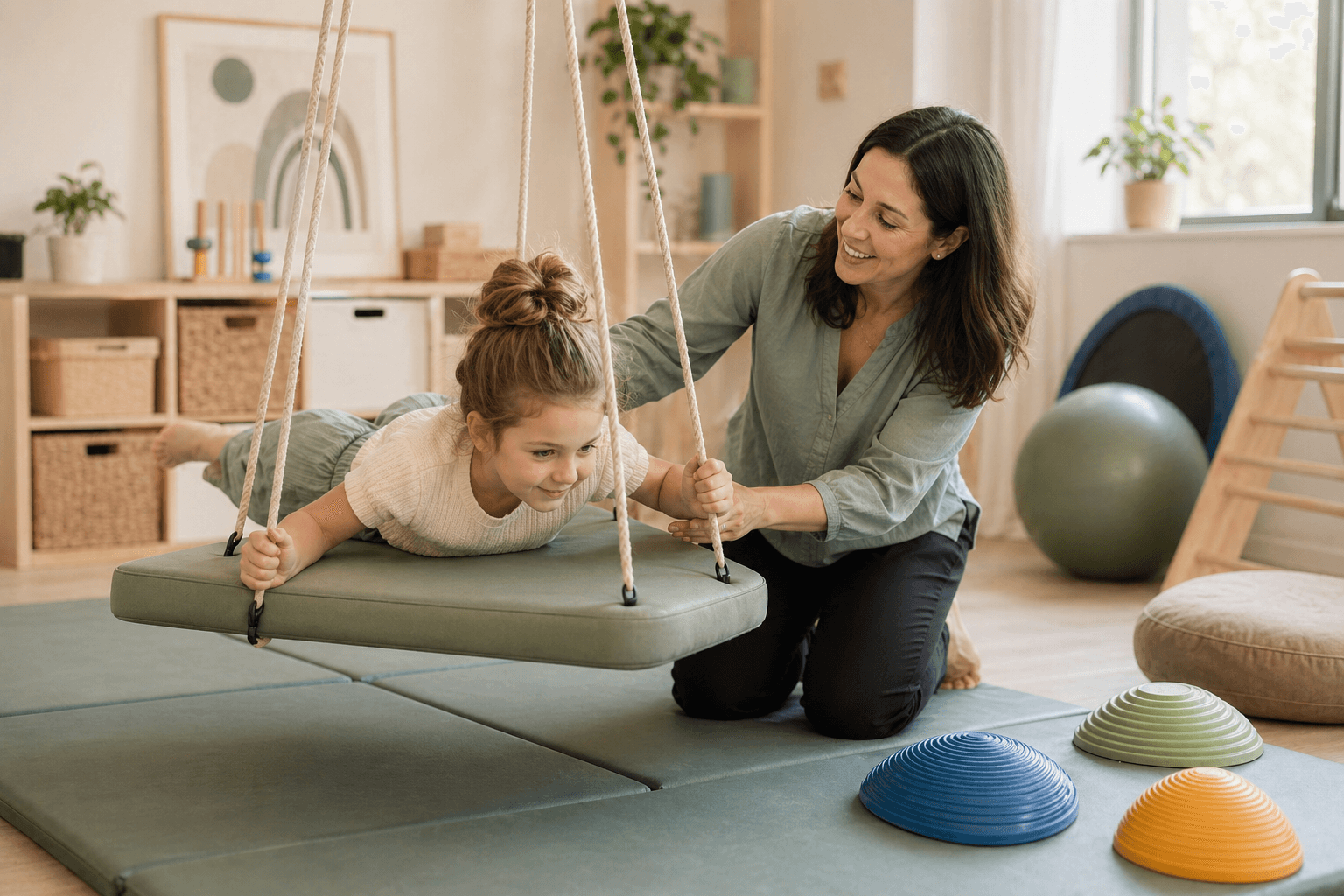 Pediatric occupational therapist guiding a child through a sensory regulation and vestibular movement activity in a modern OT clinic gym, supporting sensory processing and self-regulation goals