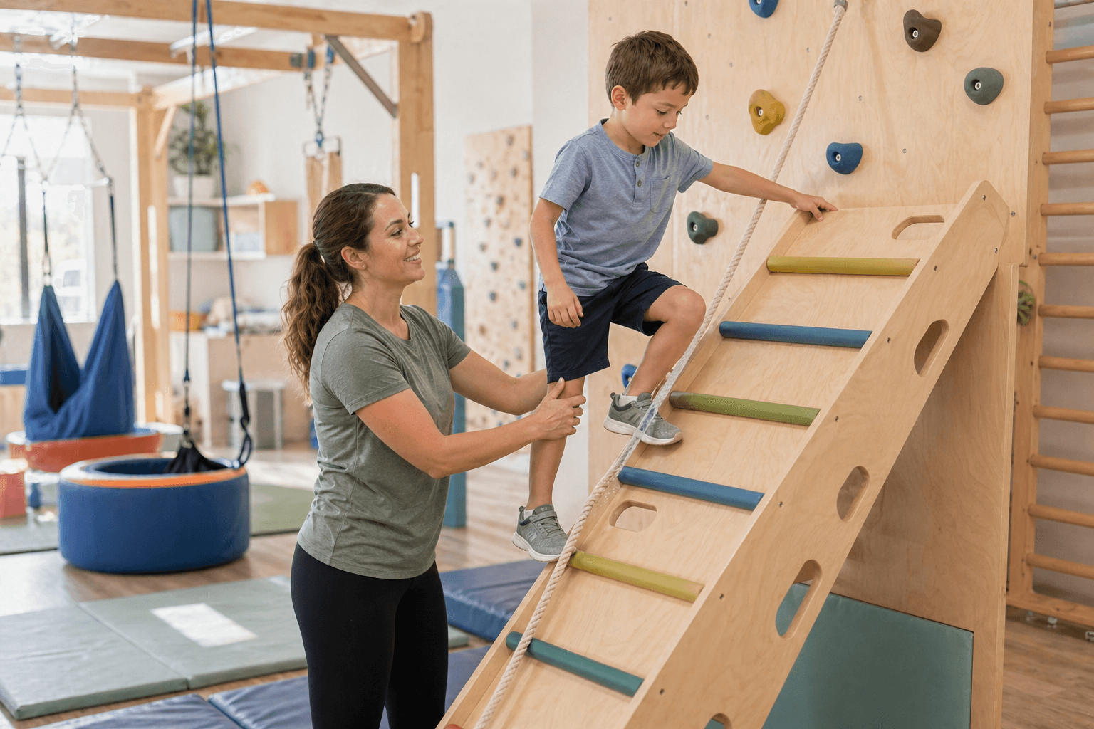 Pediatric therapist supporting a child through a climbing activity in a sensory gym, building motor planning, body awareness, and confidence for kids with sensory processing needs
