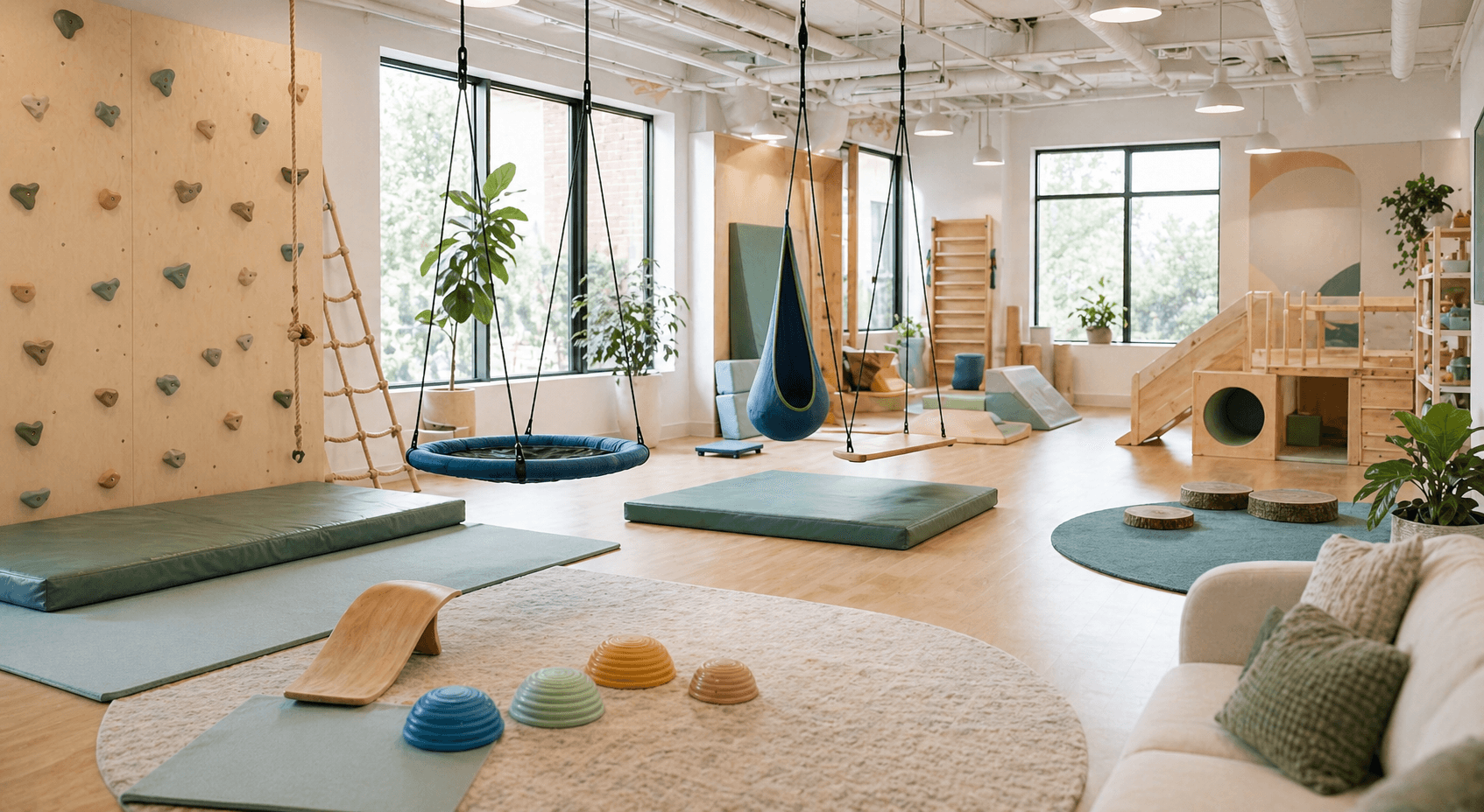 Wide interior view of a beautifully designed sensory gym space for pediatric therapy clients, with sensory swings, ball pits, climbing walls, and a calming color palette