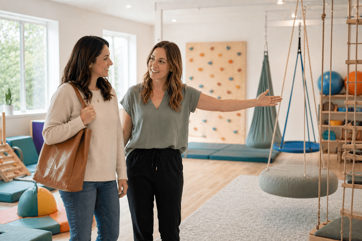 Parent of a child with autism touring a sensory gym with a staff therapist, showing how the family-centered intake process at a sensory gym practice introduces equipment and routines