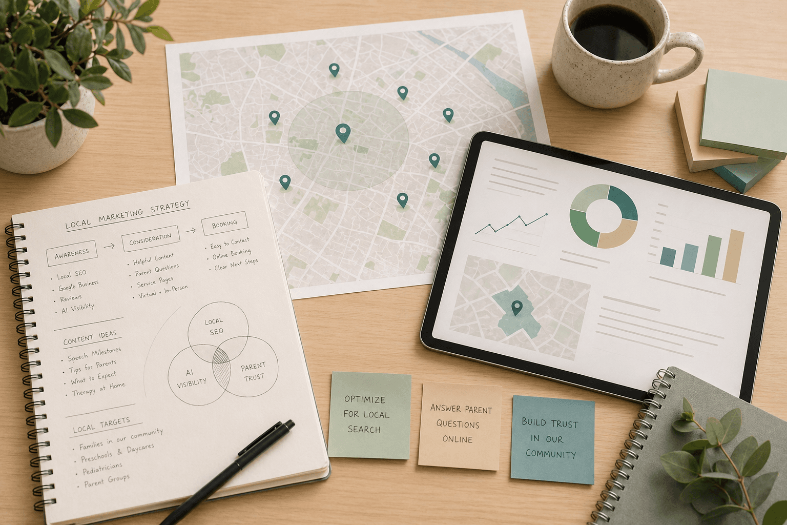 Local marketing strategy flat-lay for a pediatric therapy practice with city maps, keyword notes, and a digital growth plan for ABA, occupational, and speech therapy SEO