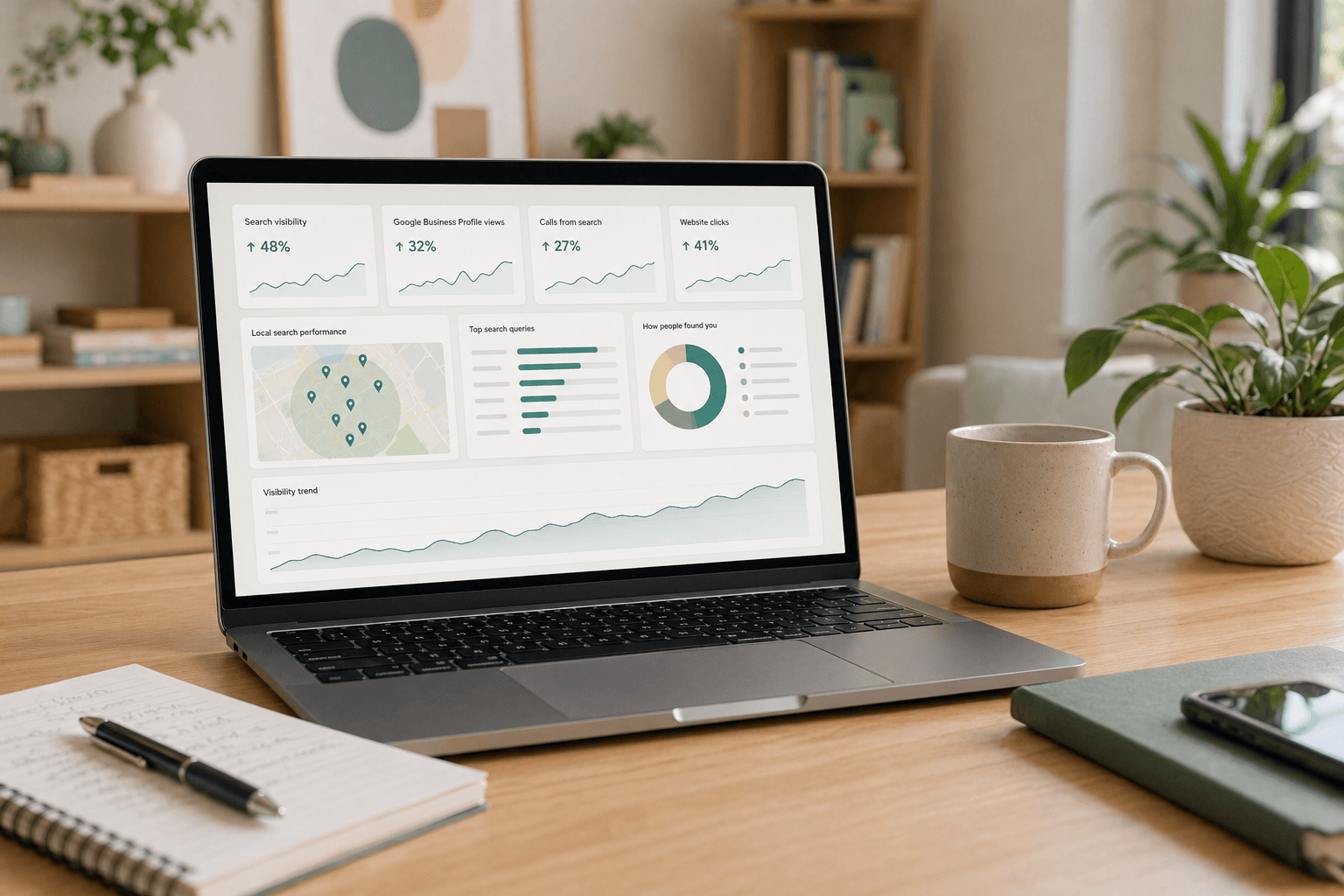 Local SEO and AI visibility dashboard on a laptop, tracking Google rankings, ChatGPT citations, and Perplexity mentions for a pediatric therapy clinic targeting ABA therapy near me and occupational therapy for kids queries