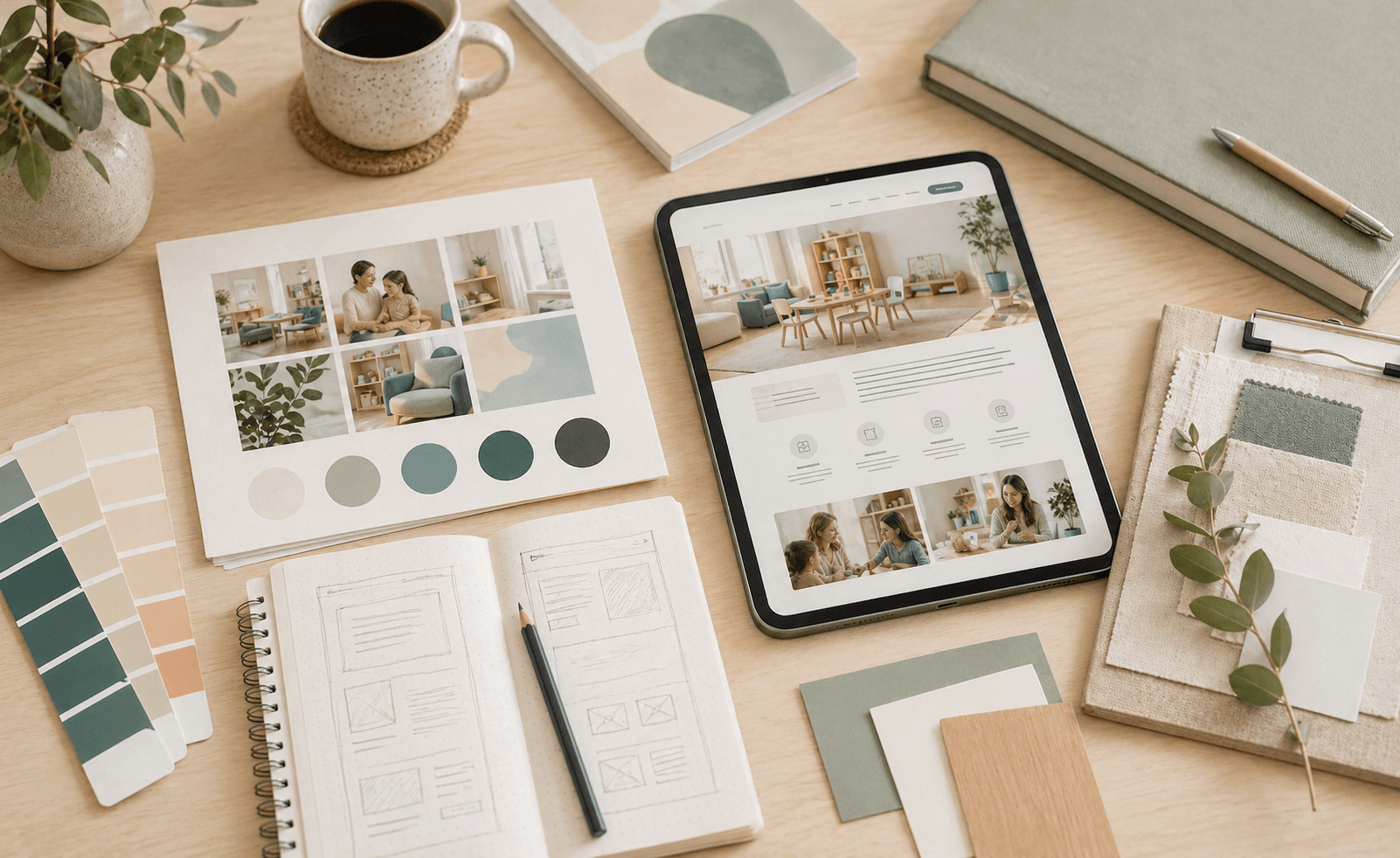 Brand identity flat-lay for a pediatric therapy clinic with color palette swatches, typography samples, and a tablet showing a custom therapy website concept by Driftless AI