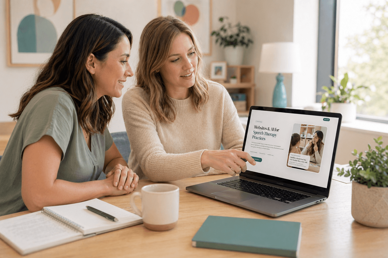 Therapy practice owner reviewing a custom Next.js website design on a laptop with a Driftless web designer, planning intake flows and service pages for a pediatric ABA, OT, and speech therapy clinic