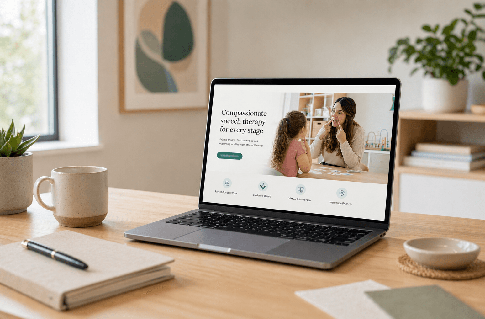 Polished pediatric therapy practice website displayed on a laptop in a bright workspace, custom designed on Next.js with HIPAA-friendly intake forms, fast page speeds, and SEO for ABA and OT clinics