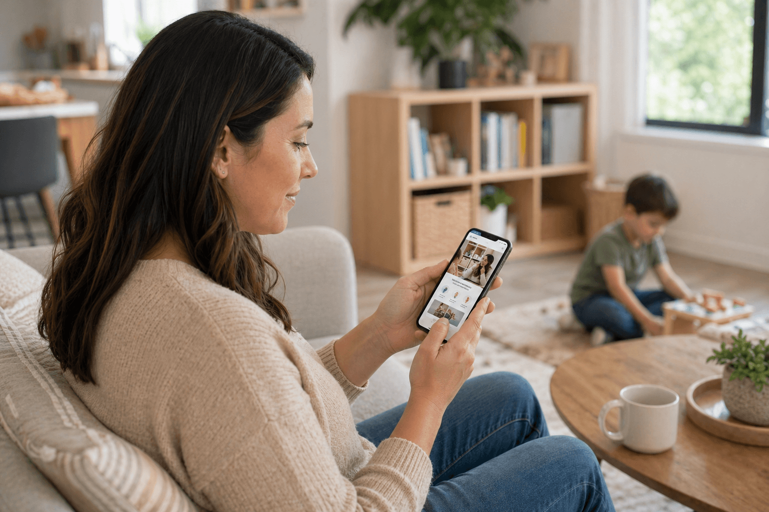 Parent at home browsing a mobile-optimized pediatric therapy practice website on a phone, illustrating the mobile-first design approach used for ABA, occupational, and speech therapy clinic sites