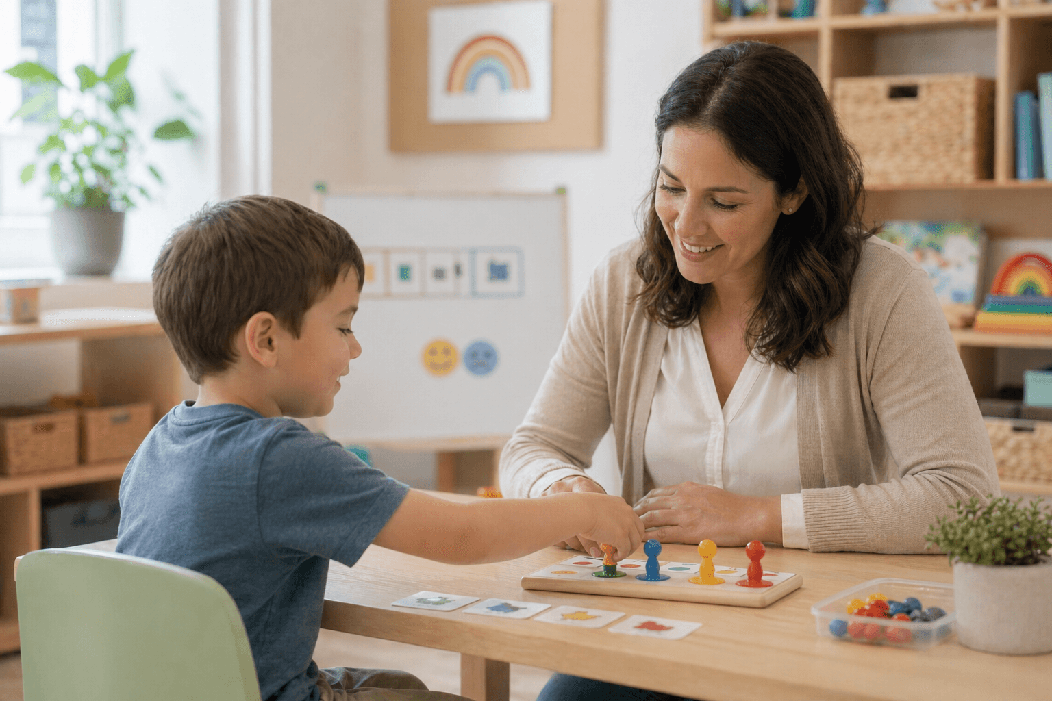 BCBA-led ABA therapy session with a Registered Behavior Technician working one-on-one with a child on autism spectrum disorder goals through structured play and naturalistic teaching