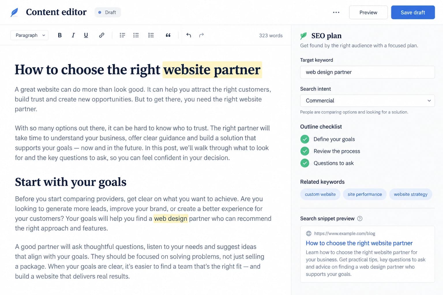 Illustrative blog editor with keyword highlights, an article outline, and an SEO plan