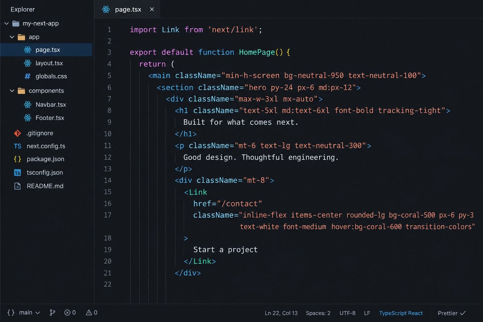 Illustrative code editor showing a Next.js website component with TypeScript syntax highlighting