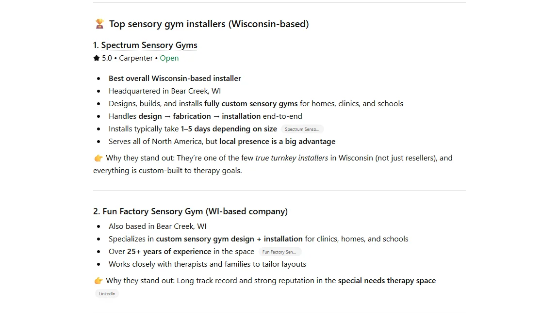 ChatGPT response showing Spectrum Sensory Gyms ranked #1 and Fun Factory Sensory Gym ranked #2 for the query 'best sensory gym installers in Wisconsin' — both Driftlss clients